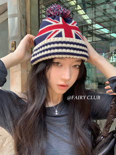 韩版百搭ins提花针织帽英伦风米字国旗针织帽毛线帽保暖帽冷帽潮