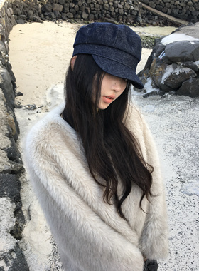 新款韩女复古光版深蓝色牛仔鸭舌帽休闲显脸小平顶帽纯色百搭帽子