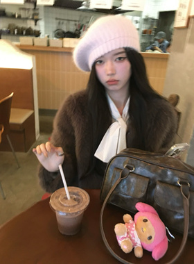 秋冬新款兔毛帽子韩女版显白大头围针织保暖贝雷帽显脸软糯毛线帽