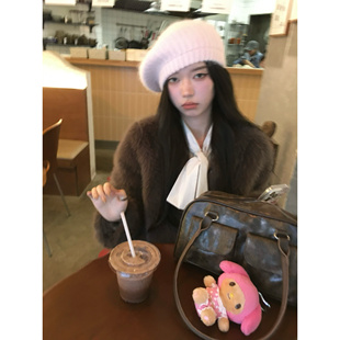 秋冬新款兔毛帽子韩女版显白大头围针织保暖贝雷帽显脸软糯毛线帽