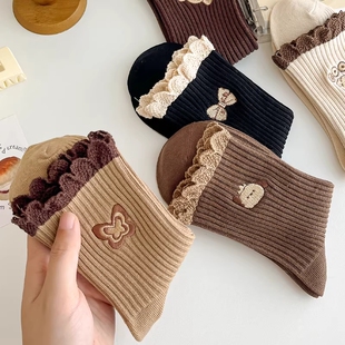 配小皮鞋 花边袜子女薄款 纯棉中筒袜2026年春夏日系可爱刺绣薄款