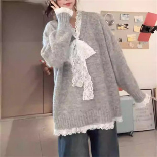 韩系慵懒风蕾丝拼接系带毛衣女秋冬2025新款 上衣潮 软糯V领针织衫