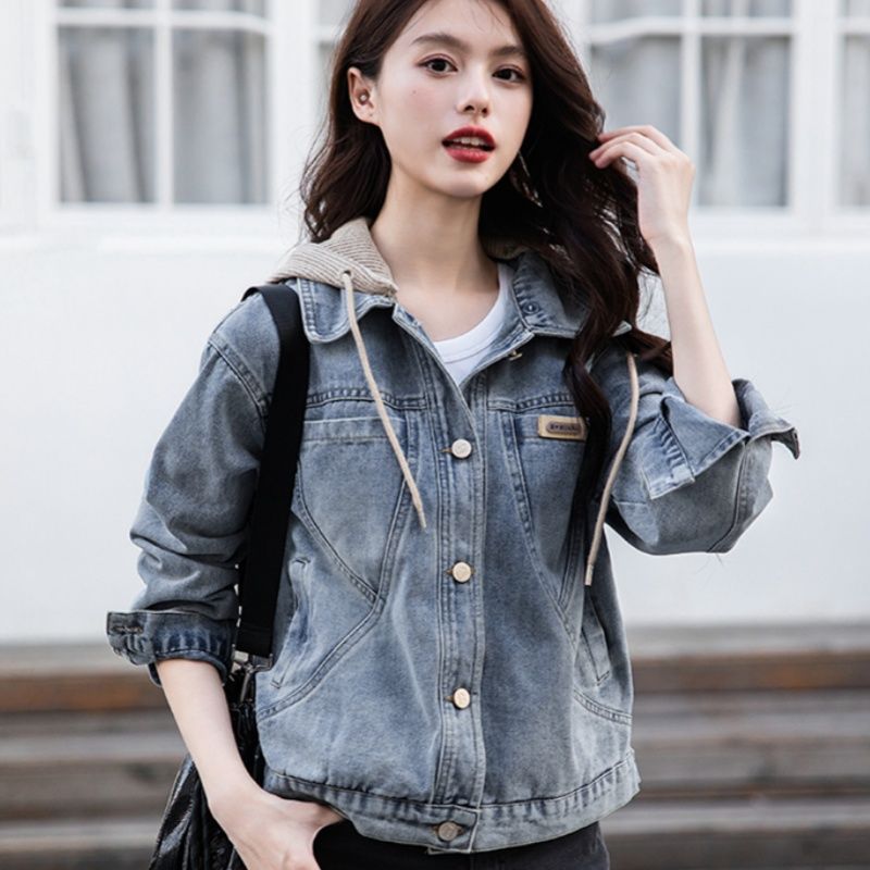 复古时尚牛仔外套女2025春季新款小个子洋气大码连帽夹克短款上衣