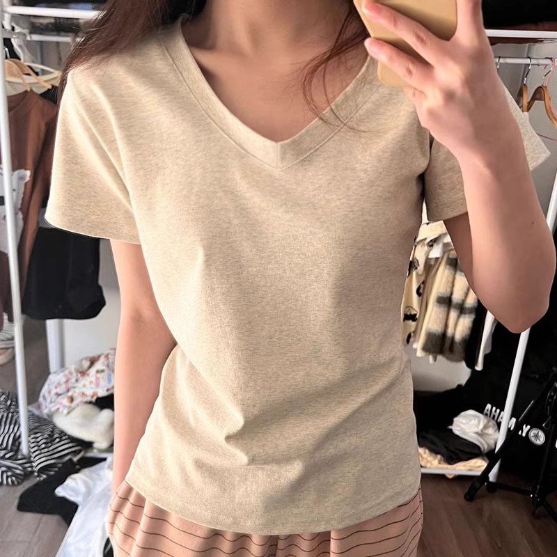 通勤正肩短袖V领t恤女夏季薄款纯棉修身显瘦合身百搭灰色弹力上衣