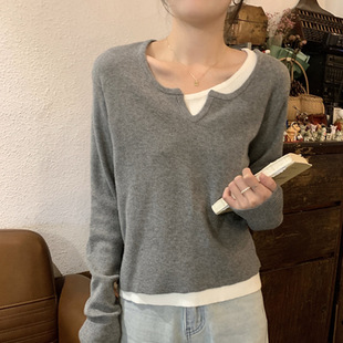 设计感假两件宽松百搭针织衫 内搭温柔风撞色气质打底毛衣 女秋冬季