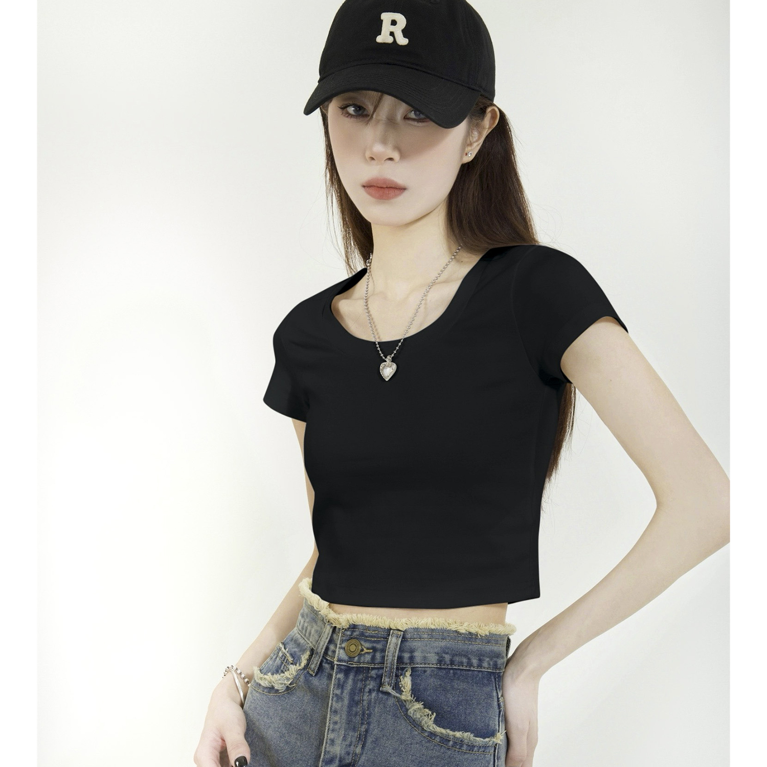 黑色正肩短袖t恤女夏2025新款紧身短款上衣高腰辣妹露脐小个子t恤