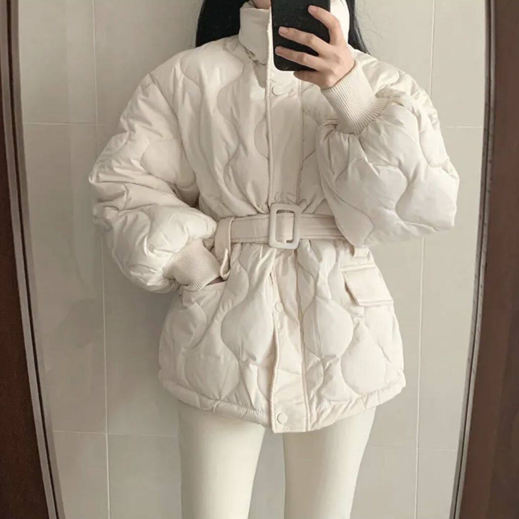 chic秋冬法式温柔立领波浪压纹设计系带收腰长袖棉衣外套女