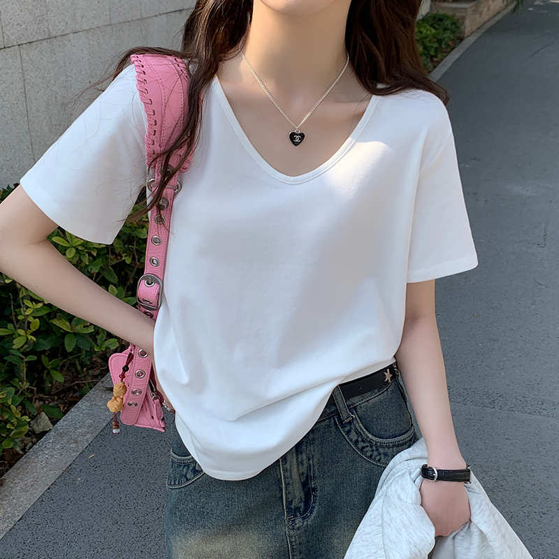 白色短袖t恤女夏季2025新款v领设计感小众打底衫内搭宽松正肩上衣