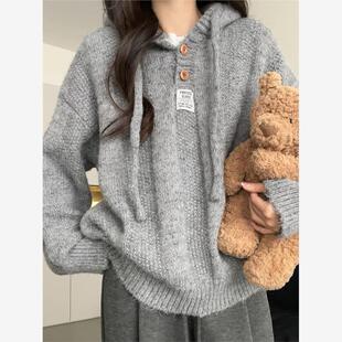 加厚连帽卫衣毛衣女秋冬新款 宽松慵懒风抽绳外穿针织卫衣潮 韩版