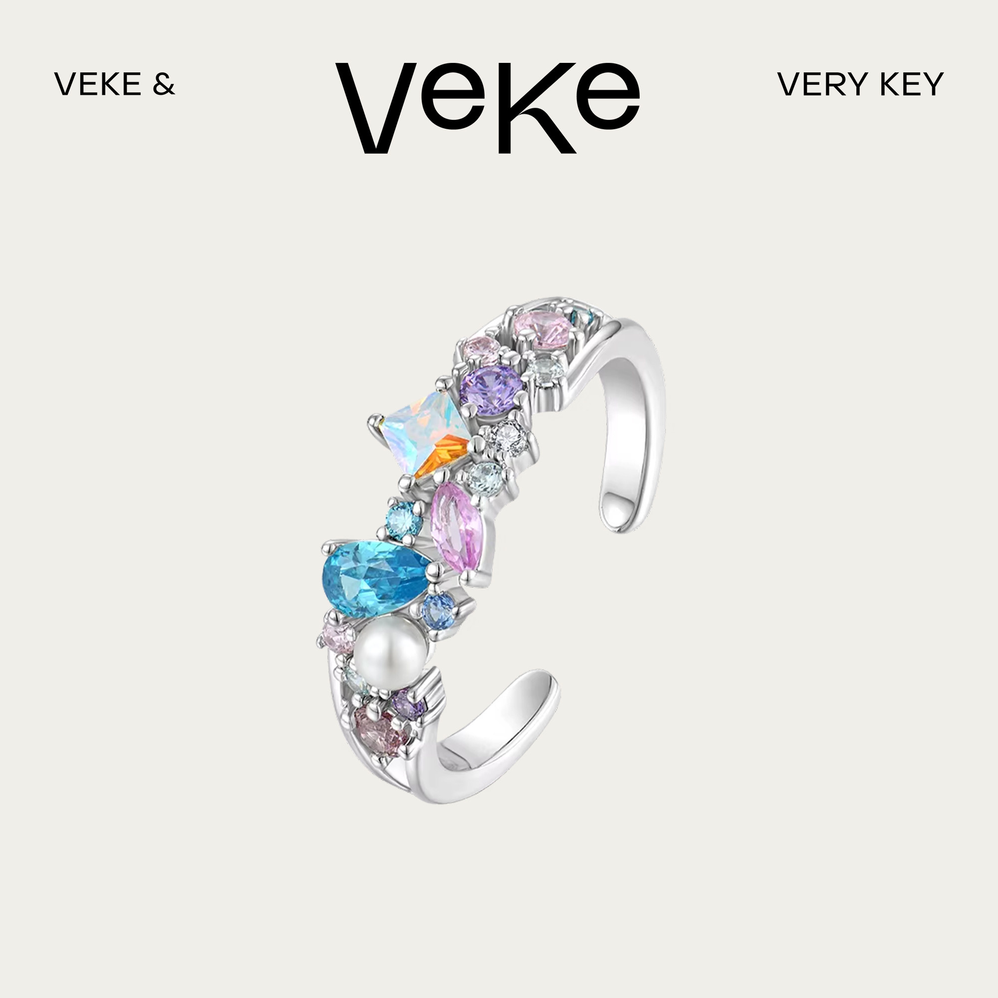 VEKE「爱丽丝仙境」彩色锆石珍珠精致戒指女高级时尚