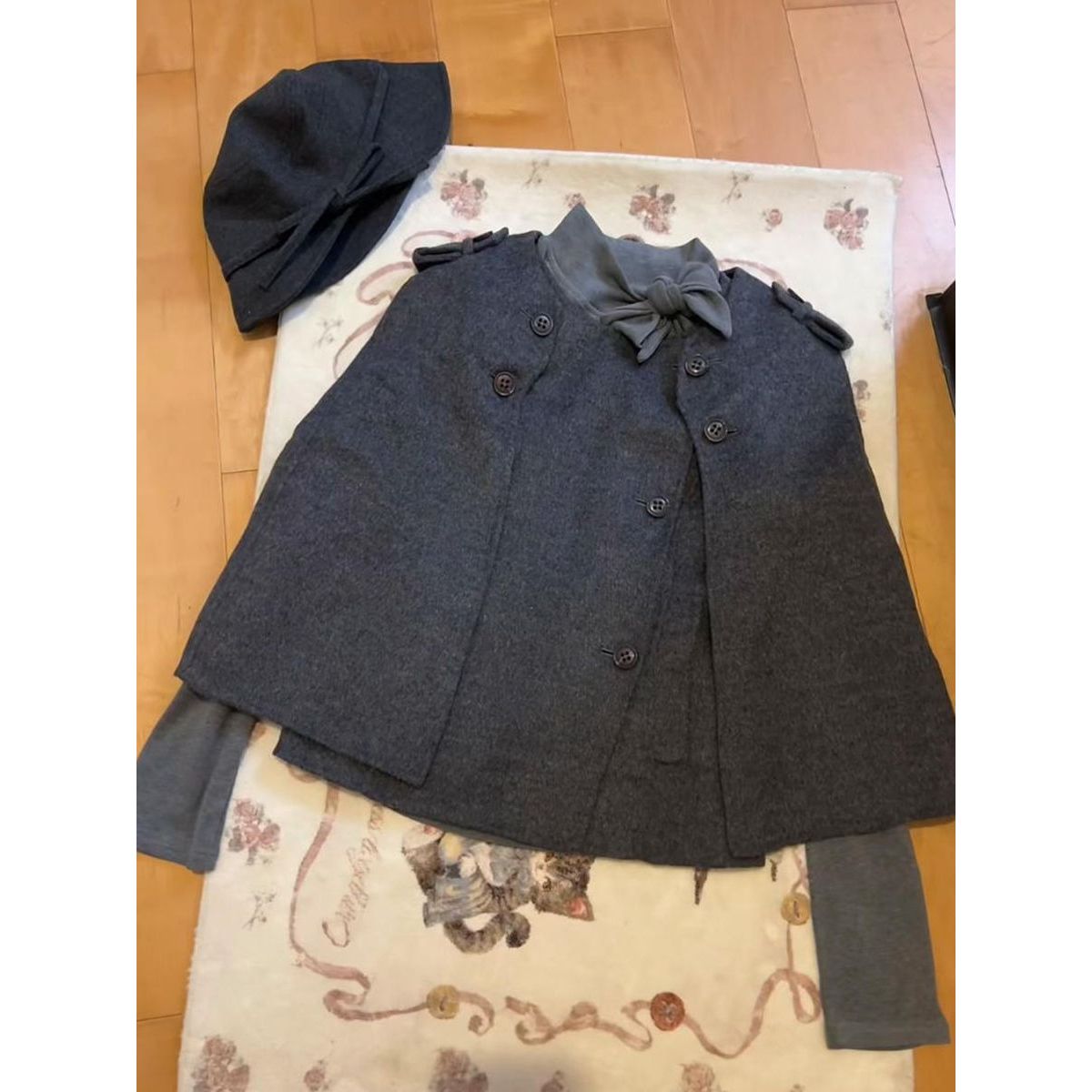 vintage古早文艺少女复古日系miu风斗篷外套+打底内搭上衣两件套