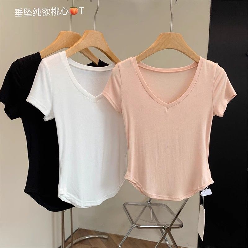 舞蹈服女夏修身V领莫代尔棉短袖女多巴胺上衣透气练功服训练演出