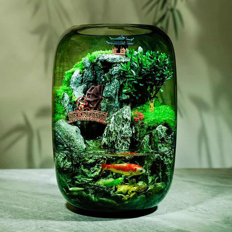 哪吒流水款养鱼缸桌面生态瓶苔藓微景观摆件造景办公室植物绿植物