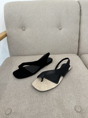 ANDS MB THE ROW女鞋黑色平底露趾带扣罗马凉鞋平跟夹趾人字拖鞋