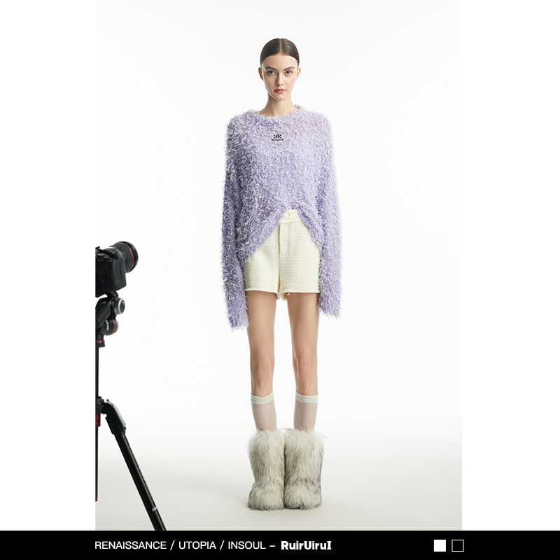 RuirUiruI淡紫色流苏毛衣新品时髦设计感慵懒高街套头针织衫上衣