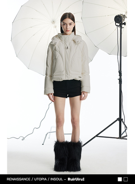 RuirUiruI浅灰色短款羽绒服新品白鹅绒设计感连帽外套上衣