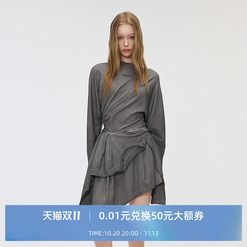 RuirUirul解构卫衣连衣裙秋新品宽松版型收褶裙子