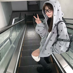 美式复古印花十字架连帽卫衣女秋冬新款潮牌宽松拉链开衫情侣外套