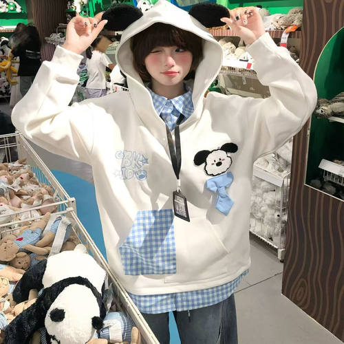 美式刺绣小狗假两件连帽卫衣女