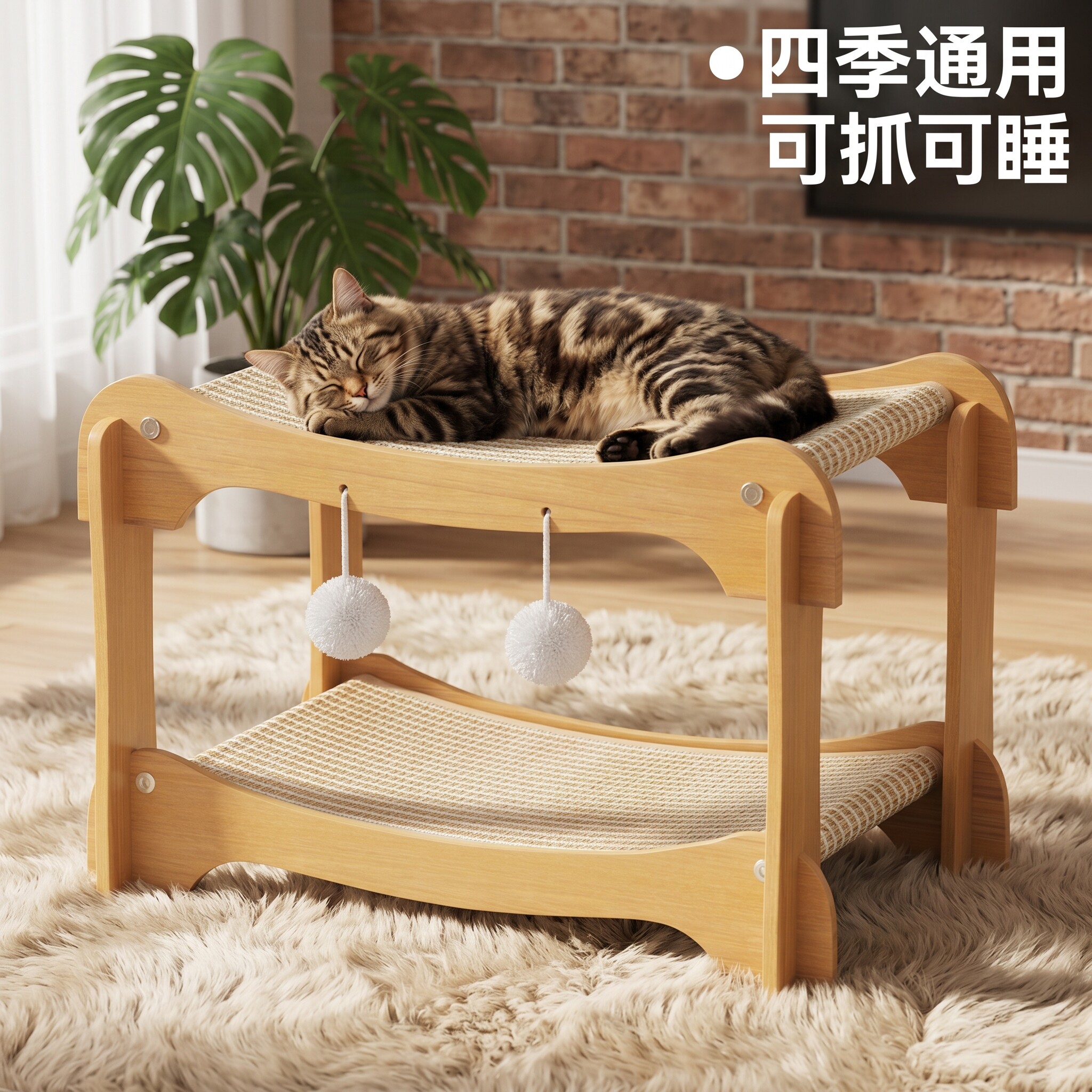 猫窝猫抓板一体耐磨不掉屑剑麻四季通用可叠加上下铺木质框架猫床