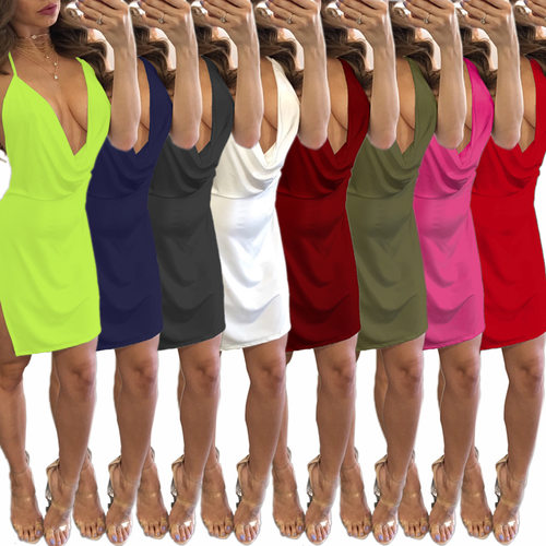 Low neck backless slit camisole dress低领露背开叉吊带连衣裙