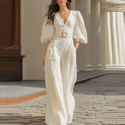 纯色收腰褶皱连体裤Solid color waist cinched pleated jumpsuit