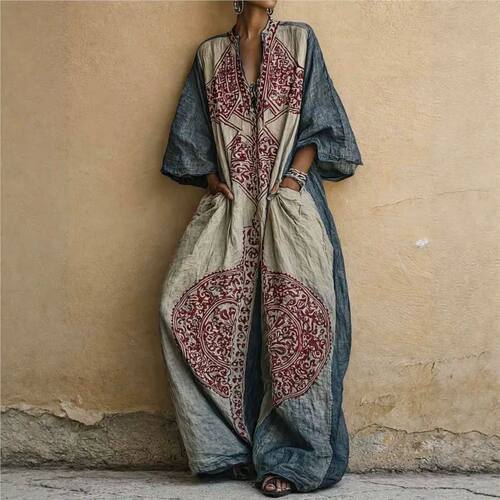 印花长款口袋连体裤 V-neck printed long casual jumpsuit pants