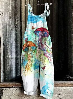 Printed lace up elastic waistband overalls印花系带高腰背带裤