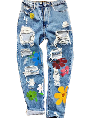 Printed ripped fashionable casual jeans印花破洞时尚休闲长裤