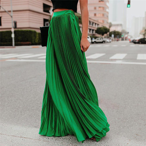 Solid Color High Waist Pleated Long Skirt 纯色高腰百褶大摆裙