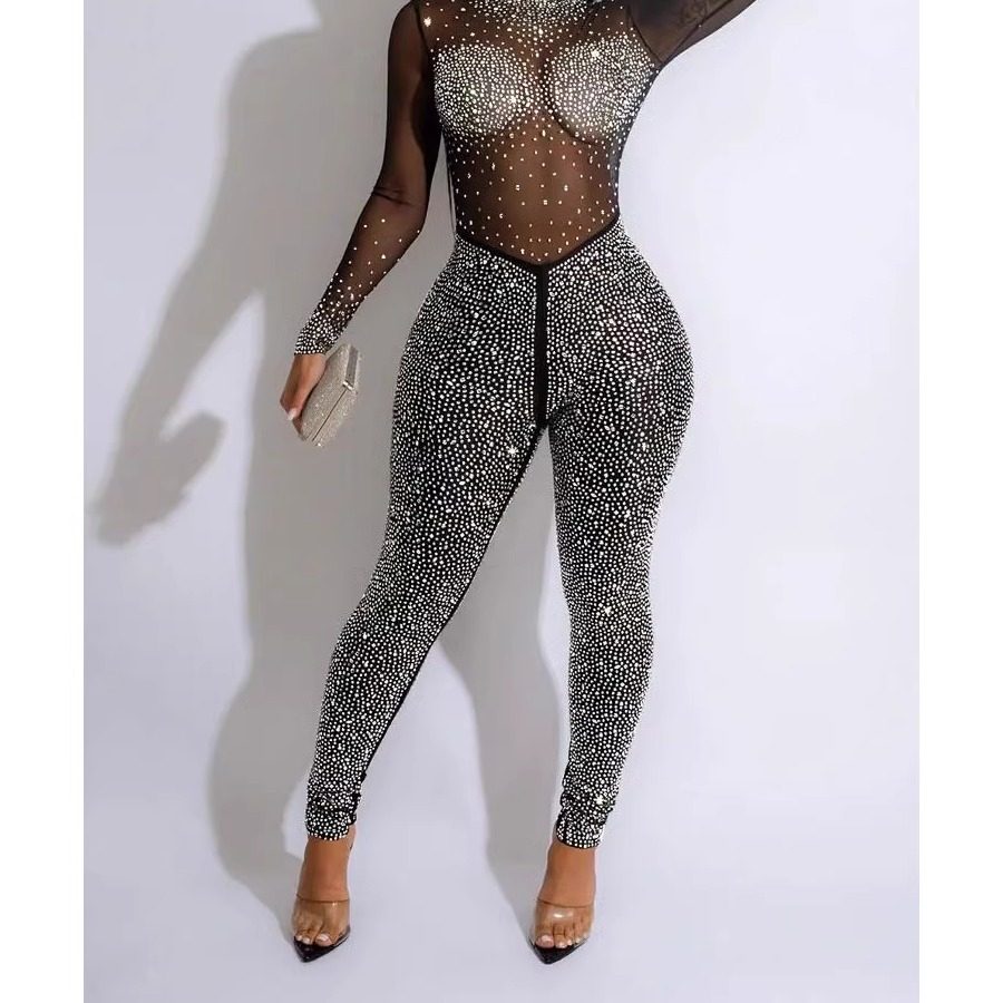 Splicing rhinestone sparkling jumpsuit拼接烫钻细闪网纱连体裤