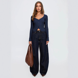 sleeved button 纽扣开衫 long cardiganV领纯色长袖 女 neck