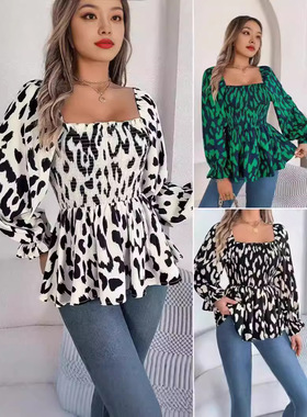 Black fungus edge square collar printed top木耳边方领印花T恤