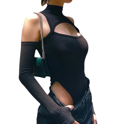 High-Neck Cutout Off-Shoulder Slim Bodysuit镂空露肩连体衣女