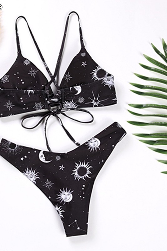 Printed lace up cut-out backless bikini 印花系带镂空露背泳衣