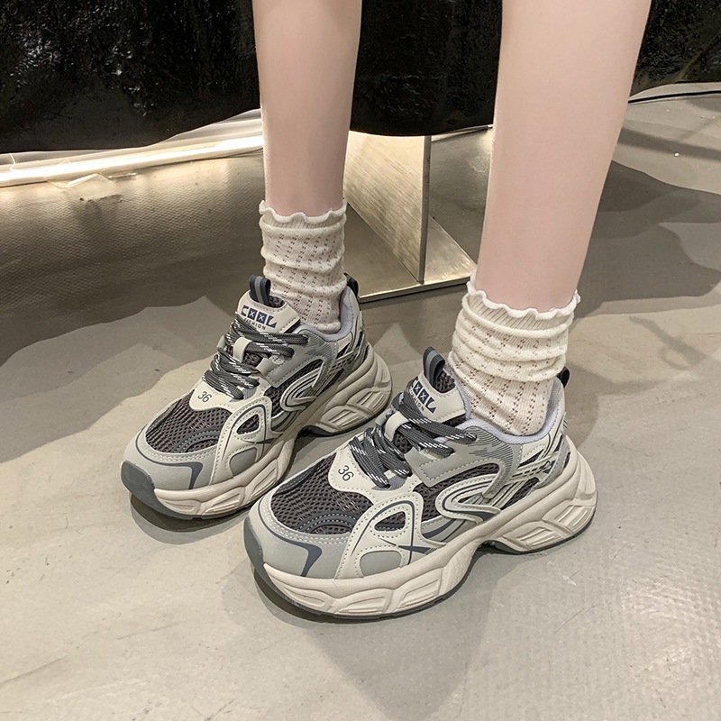 灰色厚底老爹鞋女2025年秋季新款复古拼色小个子网面跑步运动鞋潮