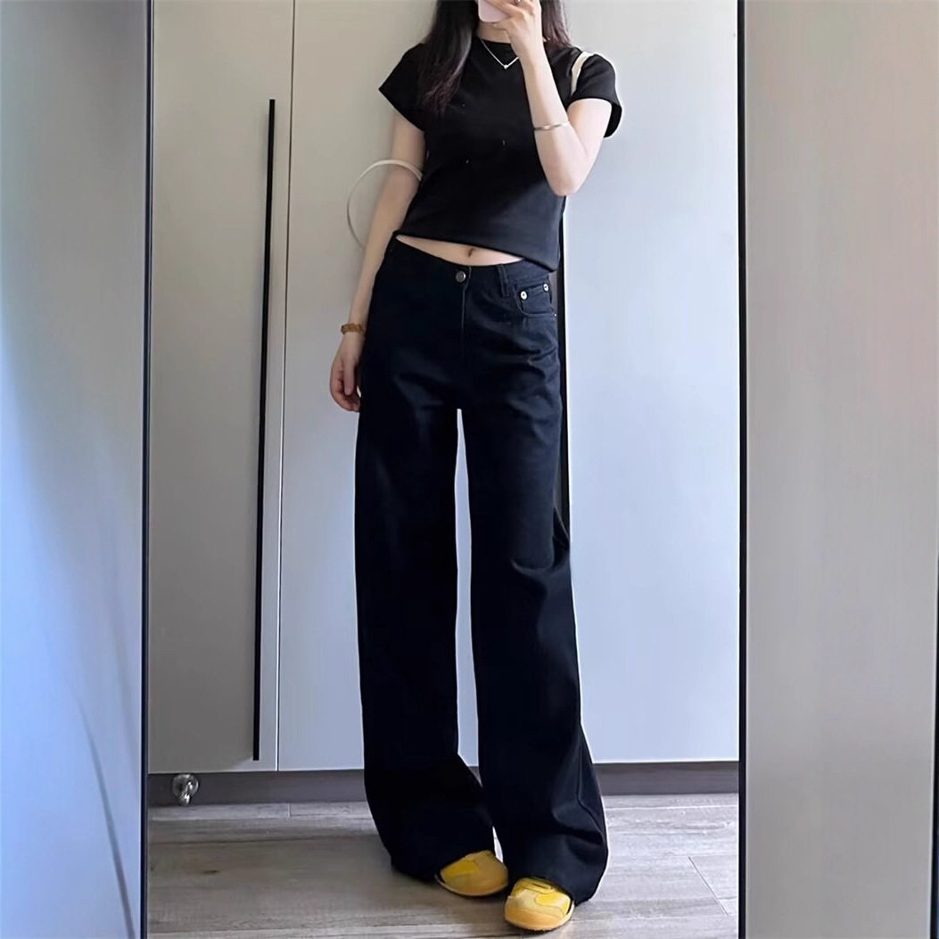 黑色窄版阔腿加绒牛仔裤女2025新款小个子高腰显瘦垂感宽松直筒裤
