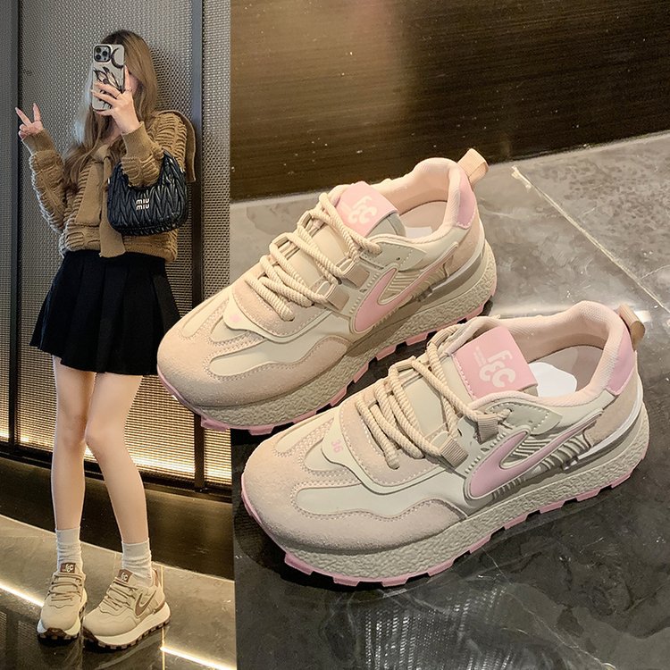 爆款增高厚底粉色轻便皮面老爹鞋女2025秋季新款透气运动休闲鞋
