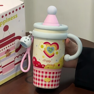 彩虹花花杯吸管杯保温水杯316不锈钢带把手不锈钢网红可爱保温杯