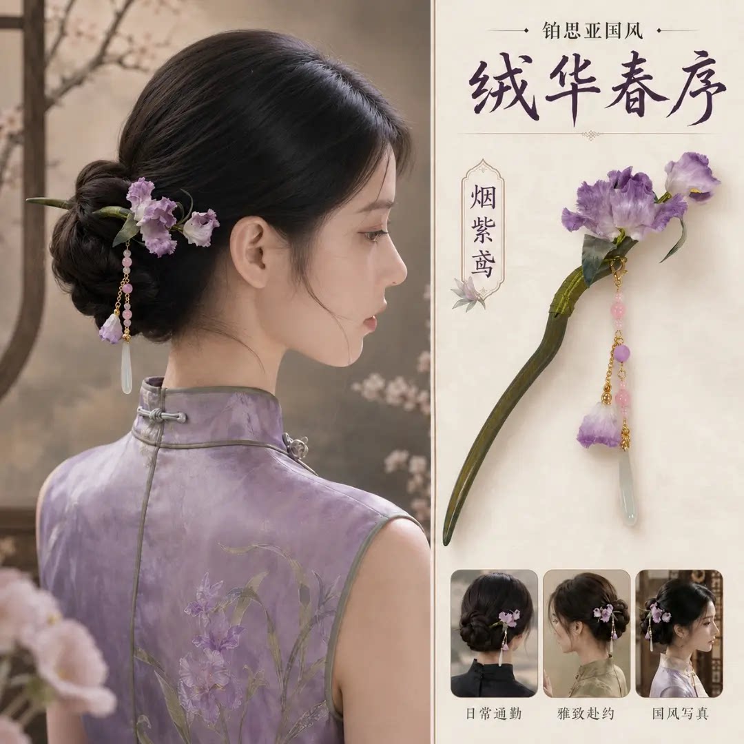 【新婚礼物】紫霞仙子发簪女国风优雅气质盘发步摇古风绒花发钗
