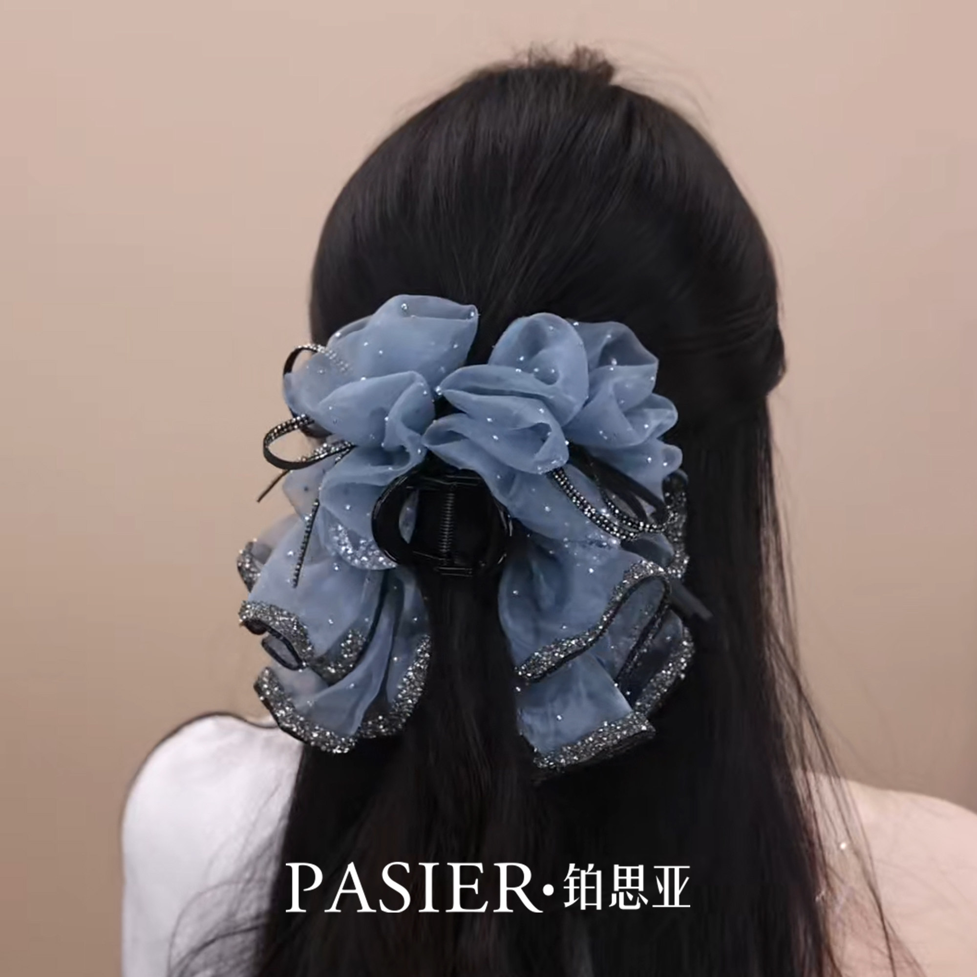 铂思亚蓝雾玫瑰发夹女后脑勺裙摆抓夹新款蓬松显发量鲨鱼夹头饰