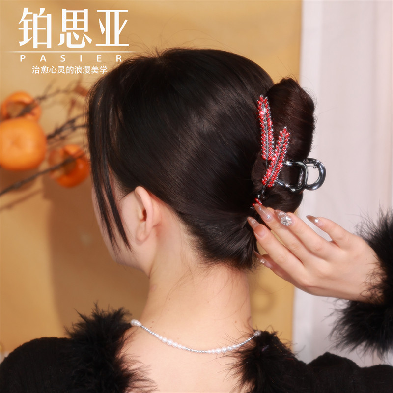 铂思亚新中式麦穗发夹女款红色抓夹复古精致鲨鱼夹子本命年发饰