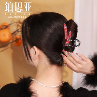 铂思亚新中式麦穗发夹女款红色抓夹复古精致鲨鱼夹子本命年发饰
