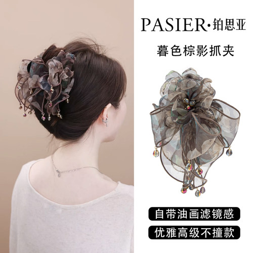 铂思亚复古花朵飘带抓夹