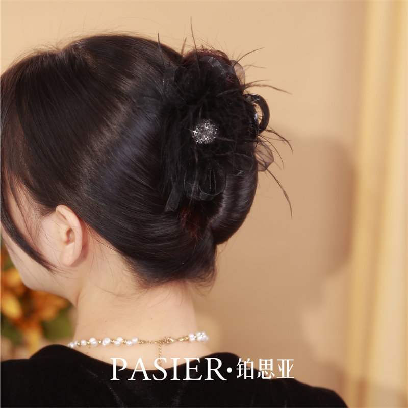 铂思亚听雪时尚韩系新款羽毛发夹女后脑勺半扎毛毛抓夹显发量头饰