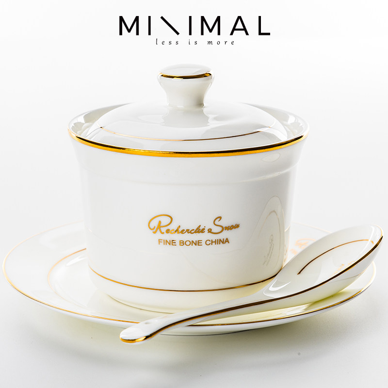 4寸创意家用金边骨瓷带盖隔水燕窝炖盅炖罐 陶瓷煲汤汤盅logo定制