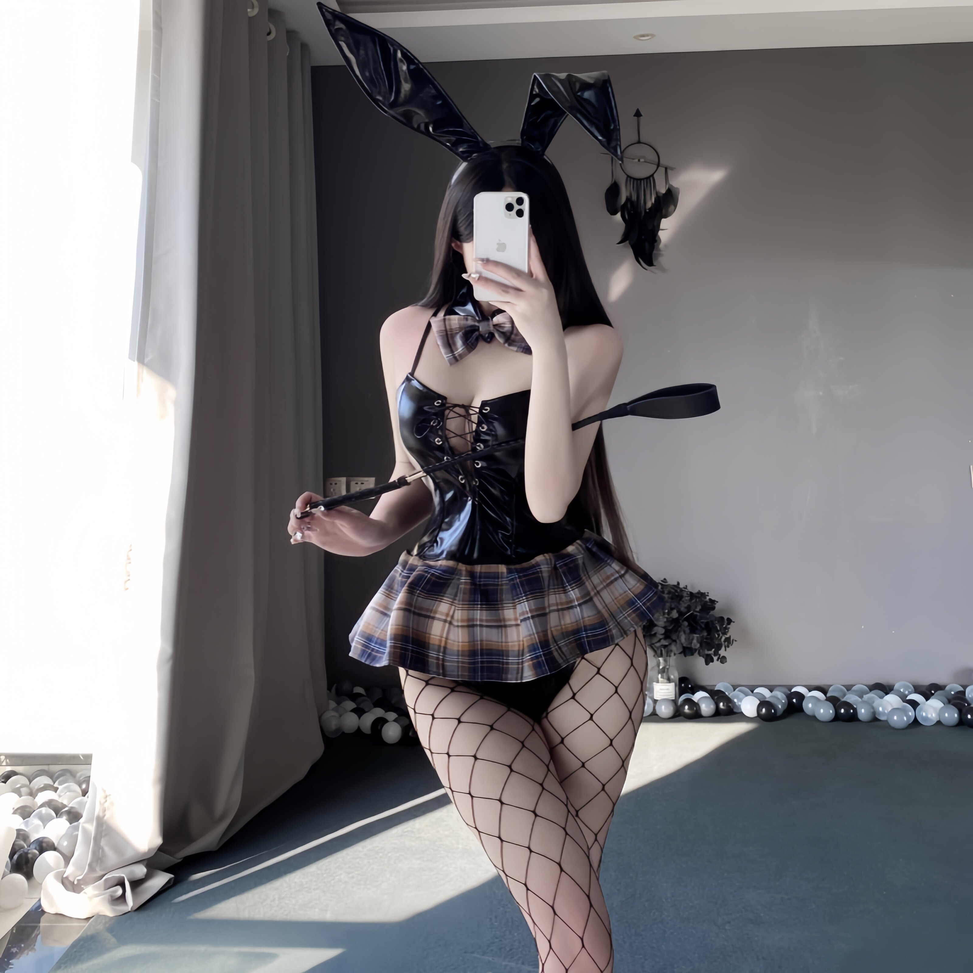 兔女郎cos辣妹学姐性感内衣jk格子裙诱惑漆皮吊带超短裙制服套装