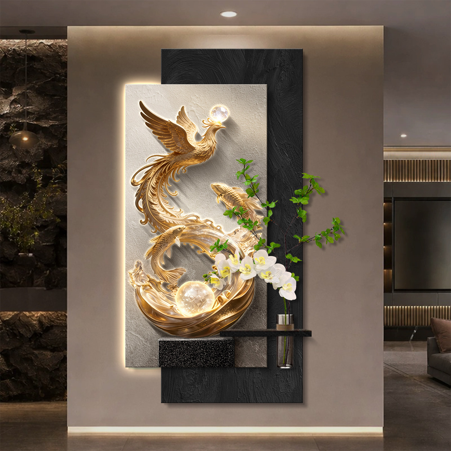 凤凰锦鲤玄关装饰画砂岩立体发光壁灯画高级感入户门走廊过道挂画