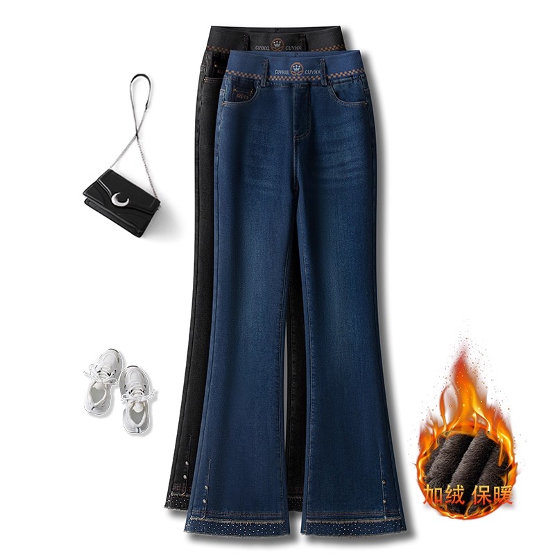 深蓝微喇牛仔裤女2025秋冬新款松紧高腰显瘦刺绣弹力加绒马蹄长裤