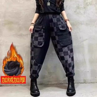 女春夏宽松厚实梨形身材胖mm显瘦老爹萝卜裤 大码 松紧腰哈伦牛仔裤